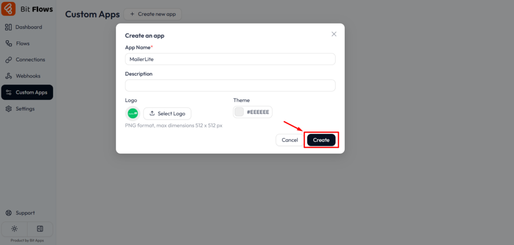 Add custom action in Bit Flows - Click on Create