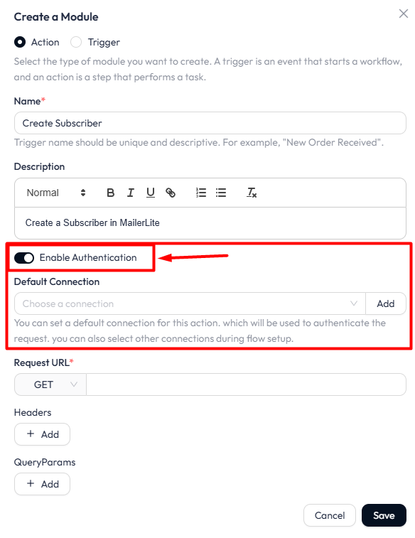 Add custom action in Bit Flows - Enable Authentication