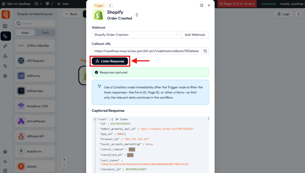 Escuchar las respuestas de Shopify