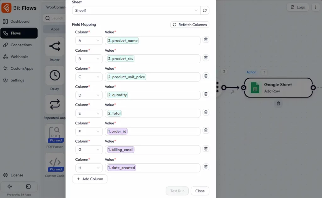 breng het veld in kaart om gegevens WooCommerce naar Google Sheet te sturen 