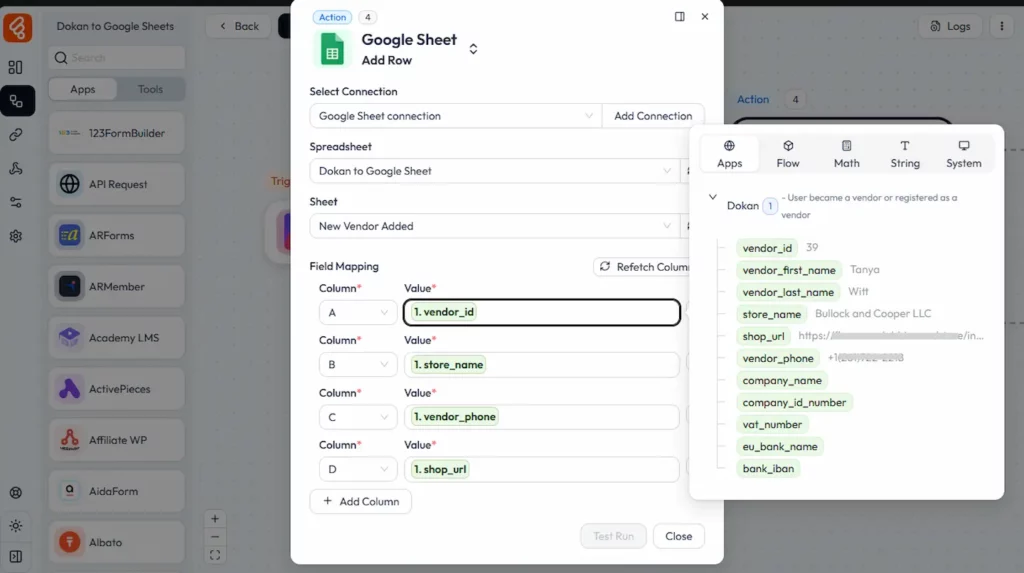 Karte des Feldes Google-Sheet-Integrationen mit Dokan
