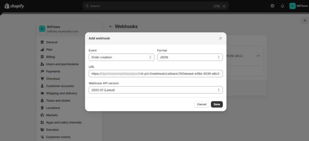 shopify creación de pedidos weebhook