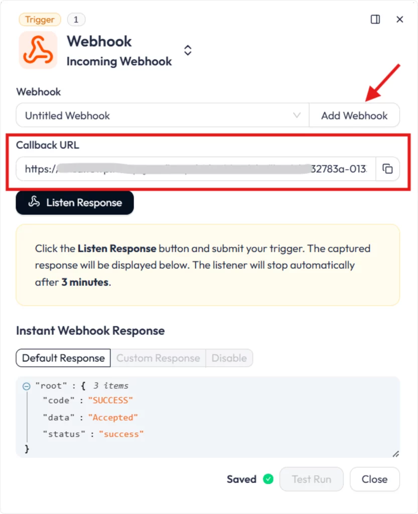 copiare l'URL di callback per inviare la richiesta HTTP POST