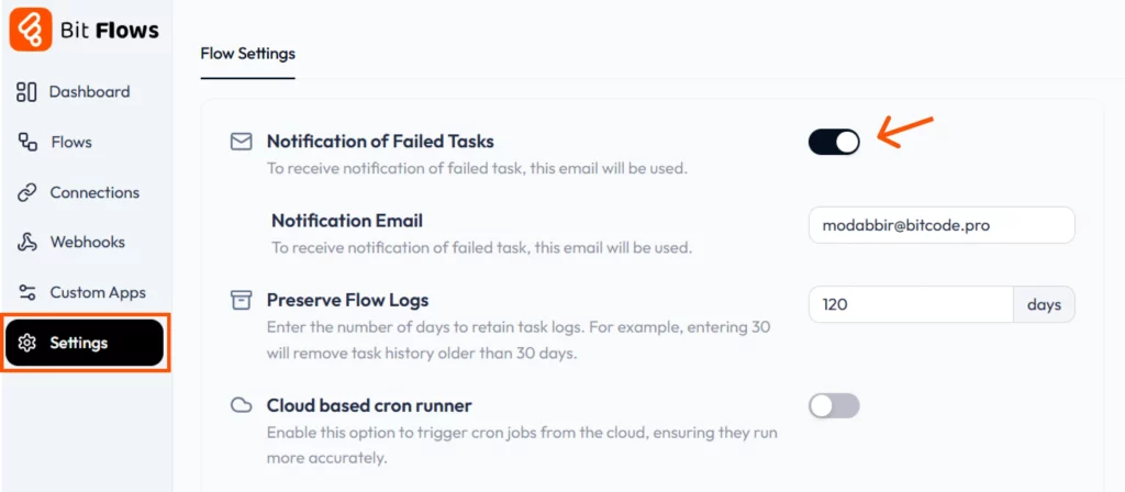 Zo stel je e-mailmeldingen in voor mislukte taken in Bit Flows