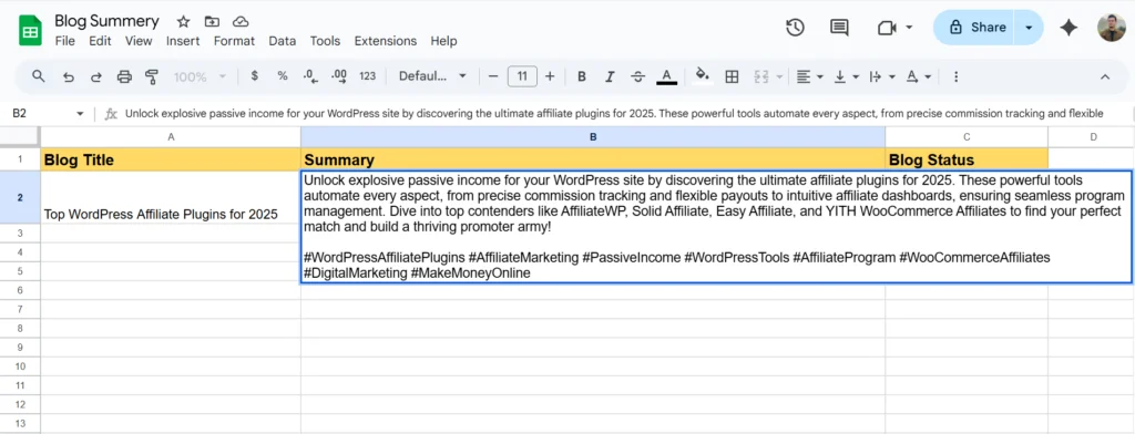 blog summery to google sheets