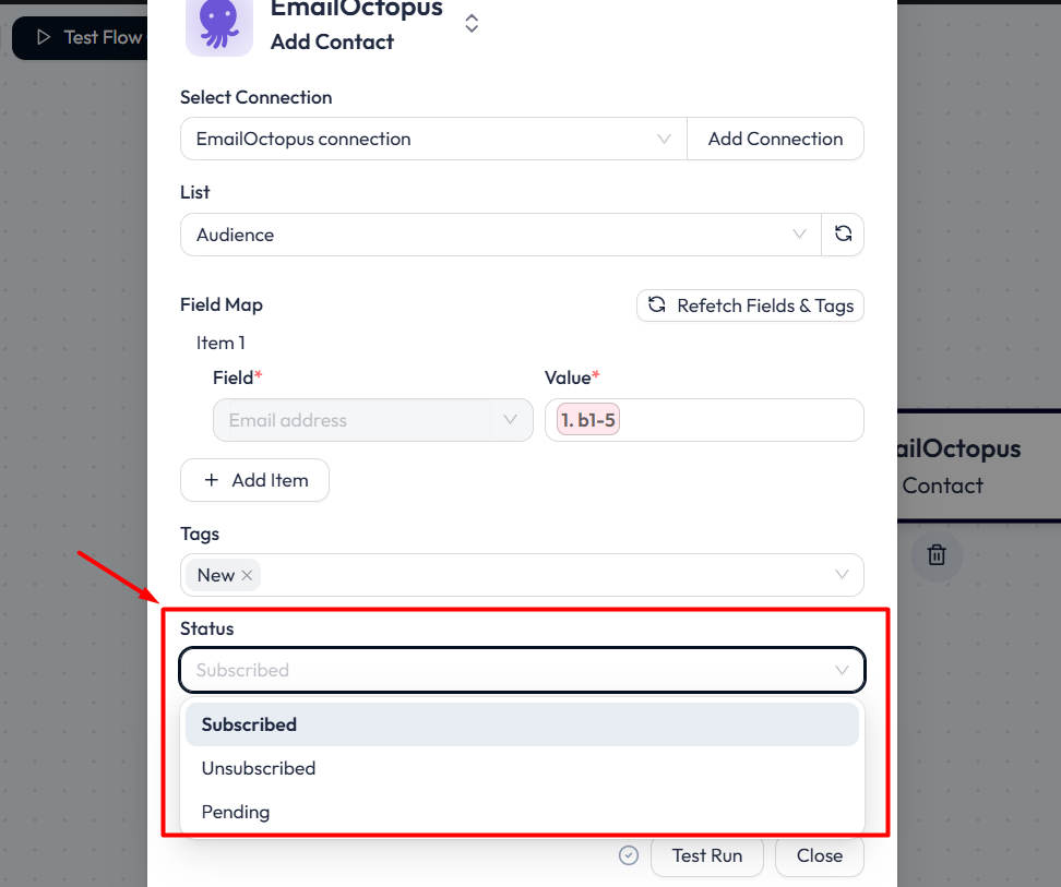 EmailOctopus Integrations with Bit Flows - Choose Status