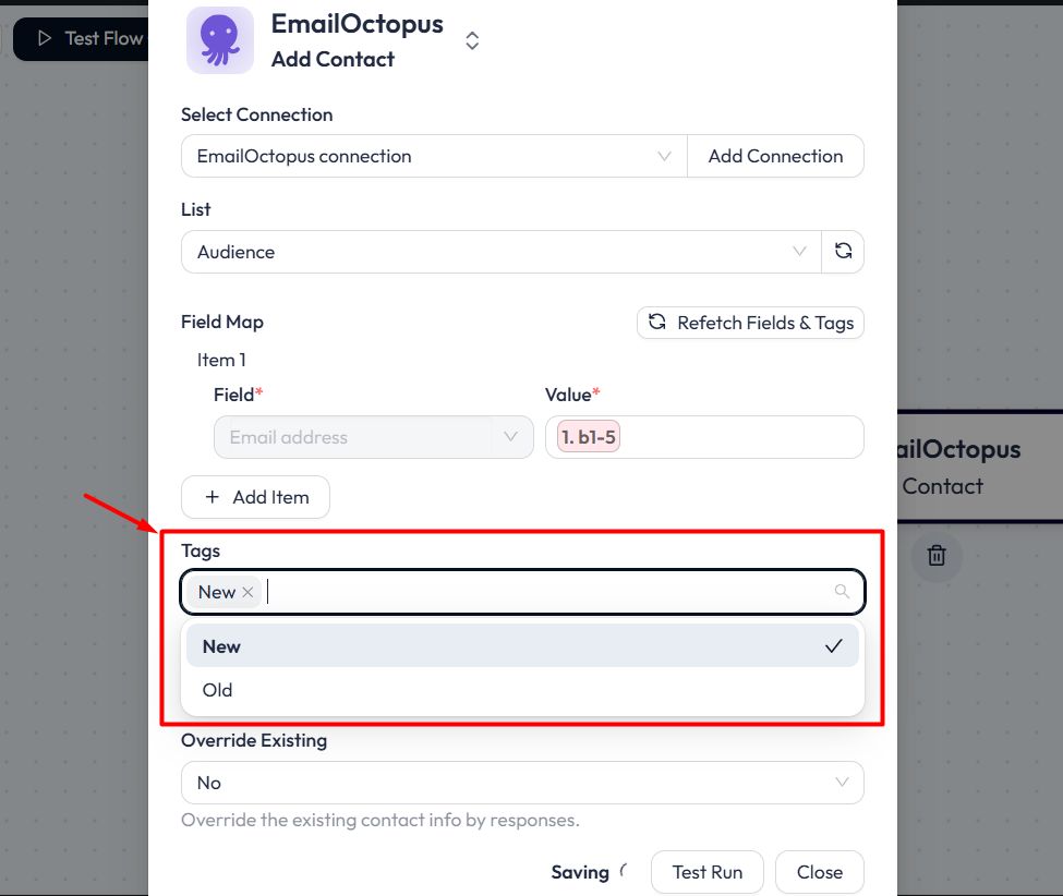 EmailOctopus Integrations with Bit Flows - Choose Tags