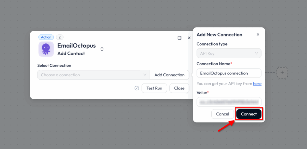 EmailOctopus Integrations with Bit Flows - Click on Connect Button