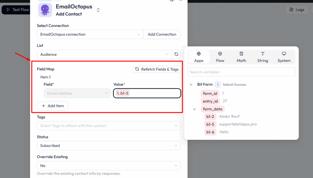 EmailOctopus Integrations with Bit Flows - Fields Mapping