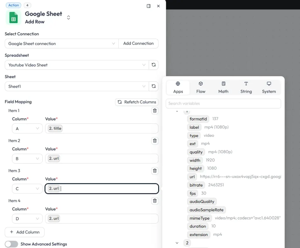 Mappatura dei campi con RapidAPI e Google Sheets