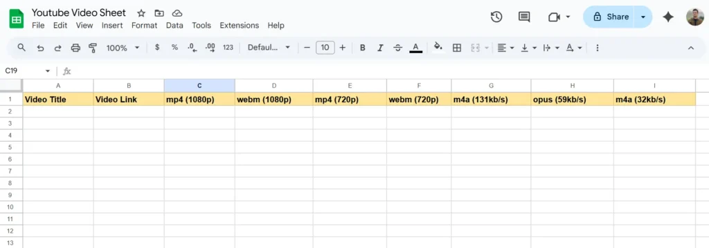 Foglio di Google per i link di download di video e audio di youtube