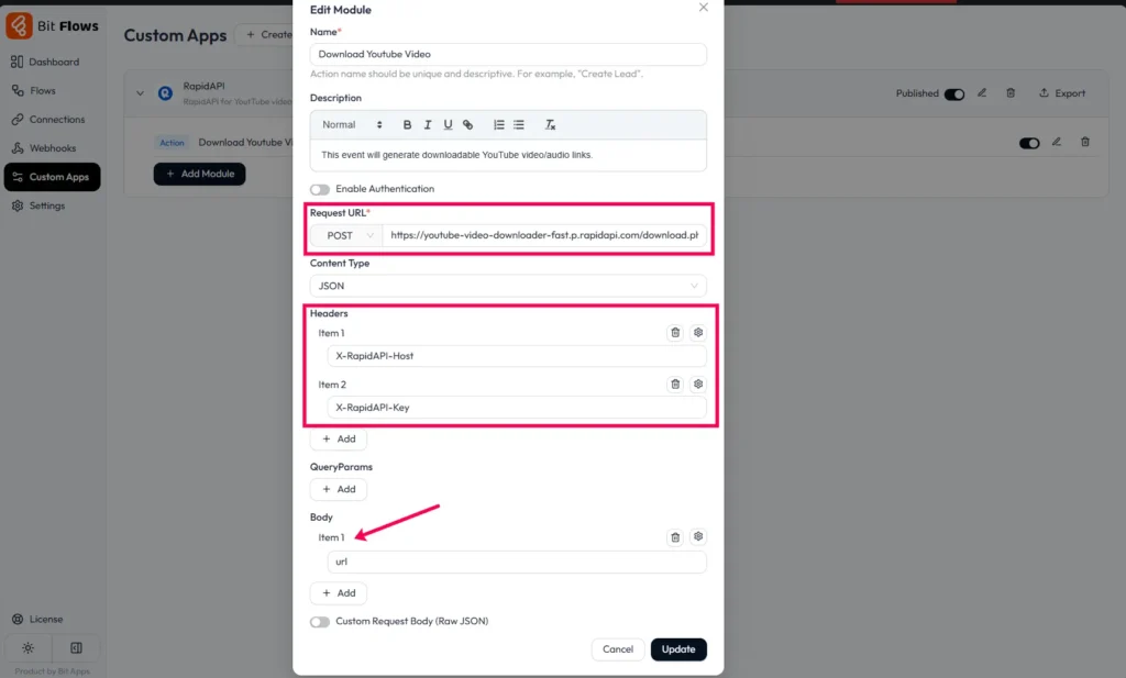 Impostazione dell'azione RapidAPI Custom App