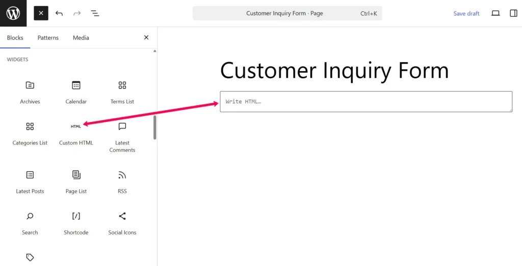 Voeg het aangepaste html-blok toe om de insluitcode toe te voegen