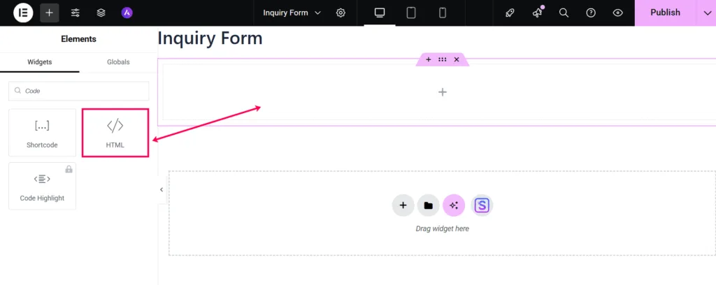 Elementor HTML-code widget toevoegen