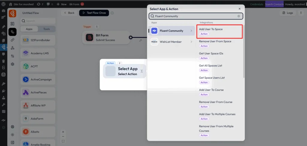 FluentCommunity Integrations as Action