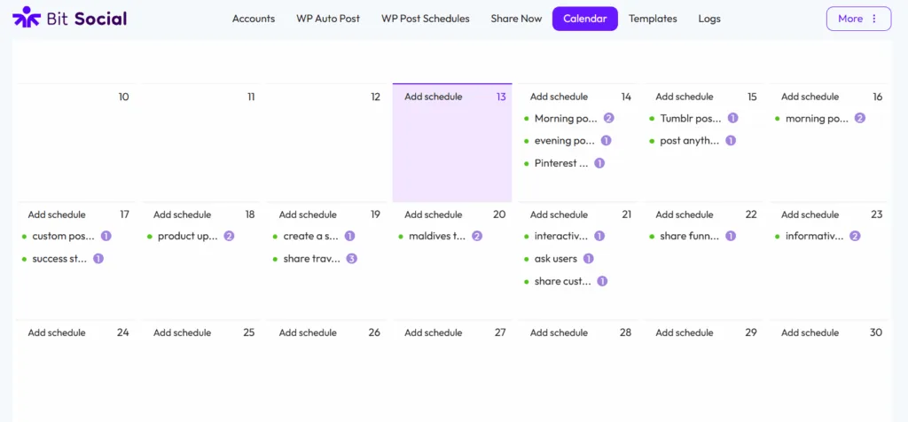vista interactiva del calendario