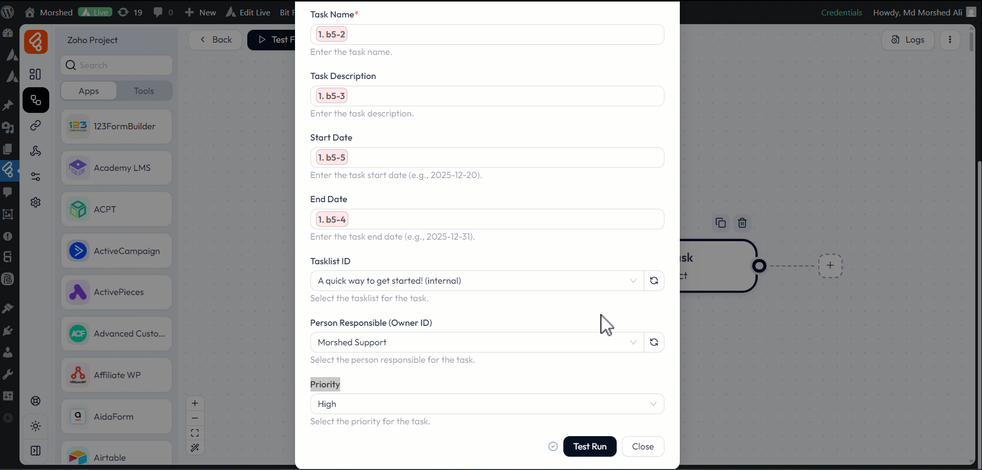 Zoho Project Action test from bit flow