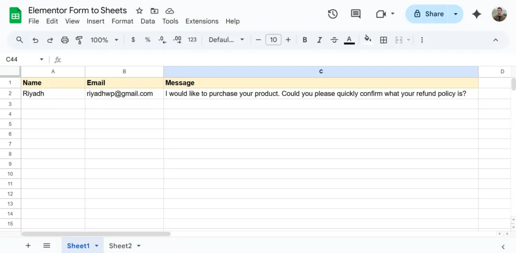 Dati di Elementor Forms catturati in Google Sheets