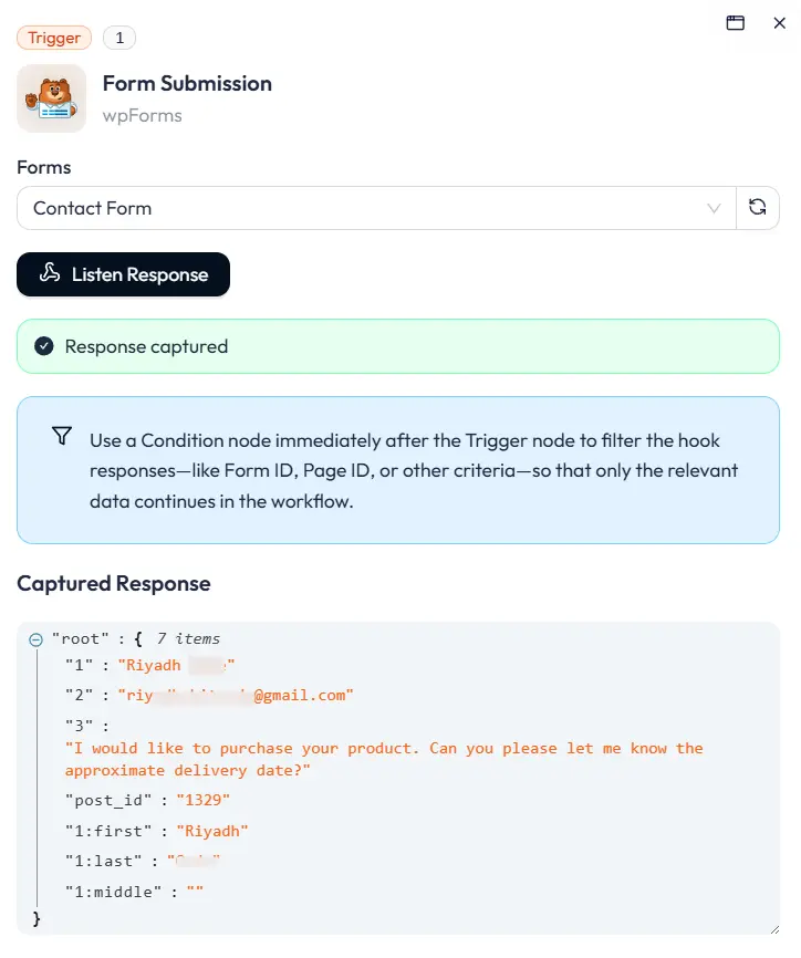Captured data from WPForms in Bit Flows