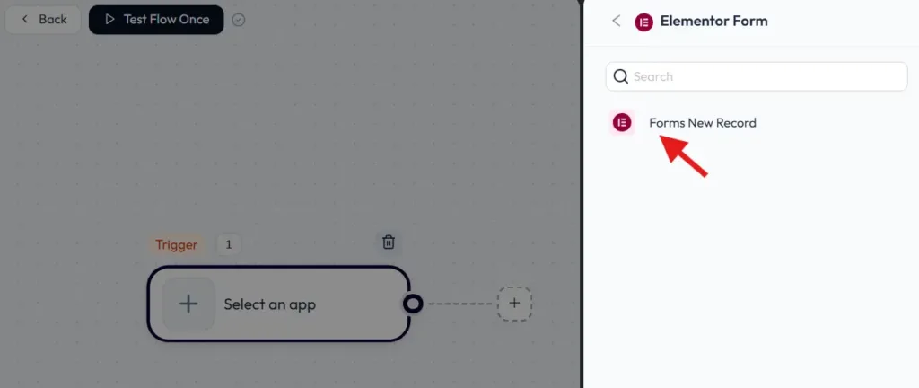 Scegliere l'evento Elementor Form in Bit Flows