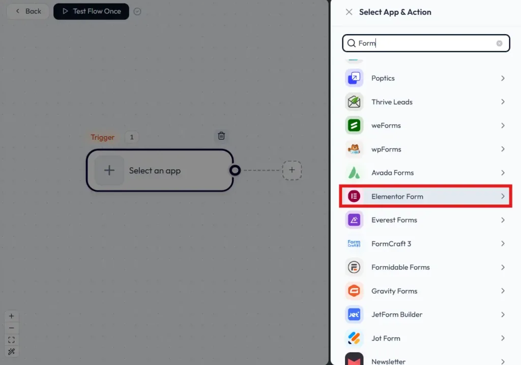 Scegliere Elementor Form dall'elenco dei trigger