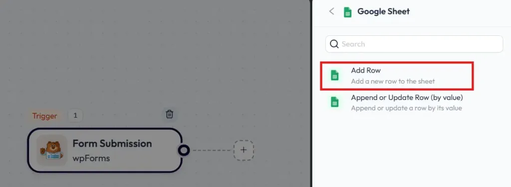 Choose Google Sheets add row event to send WPForms data to Google Sheets