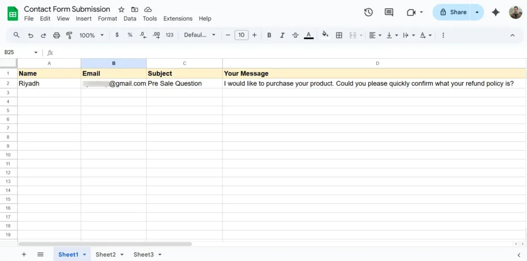 Dati del modulo di contatto 7 inviati a Google Sheets con Bit Flows