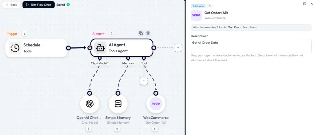 Holen Sie sich alle WooCommerce-Bestelldaten, um sie mit AI Agent zu analysieren.