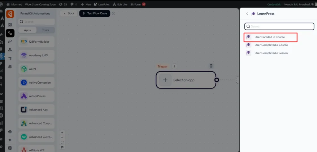 Select your event - LearnPress Integrations as trigger