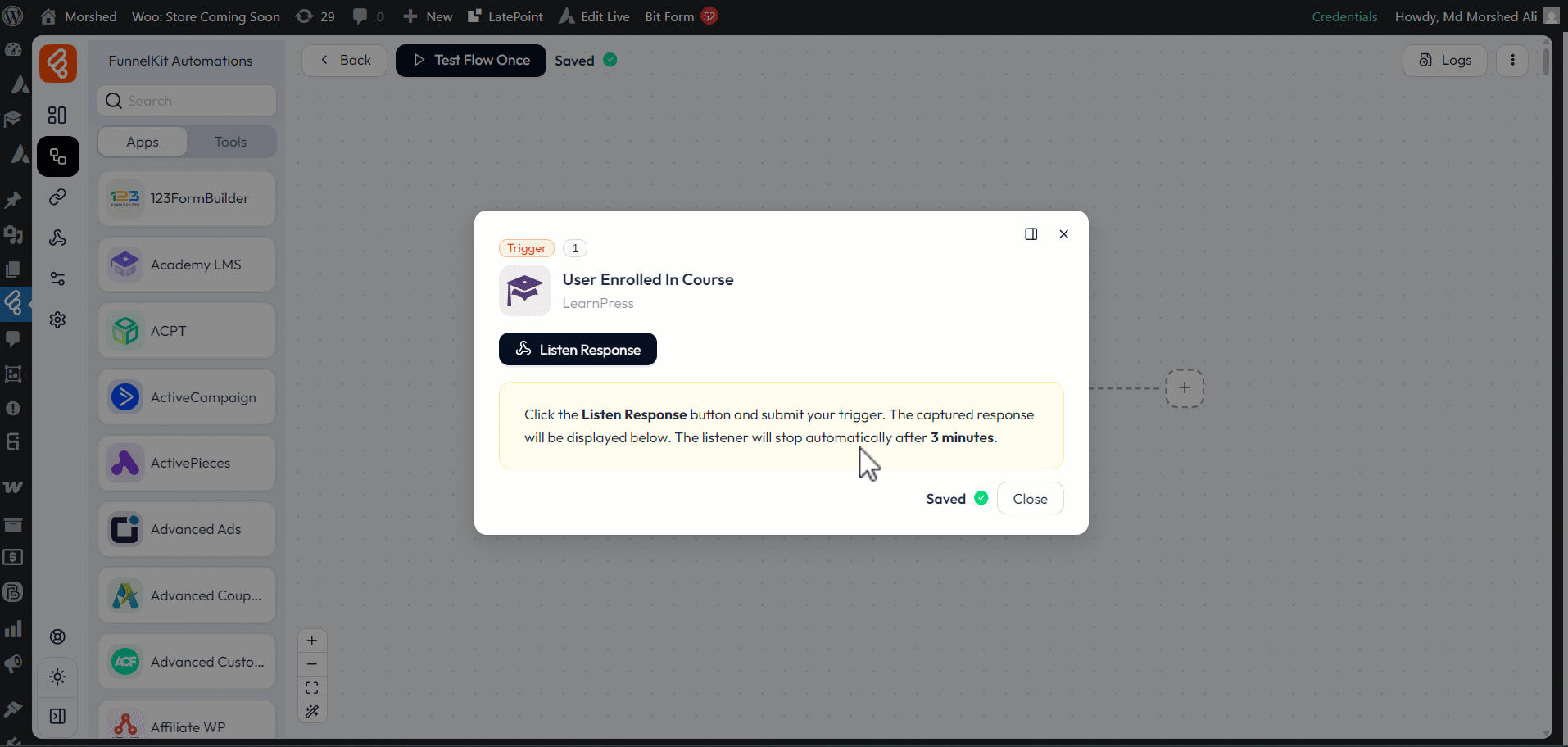 Test LearnPress integrations in Bit Flow - LearnPress Integrations as trigger
