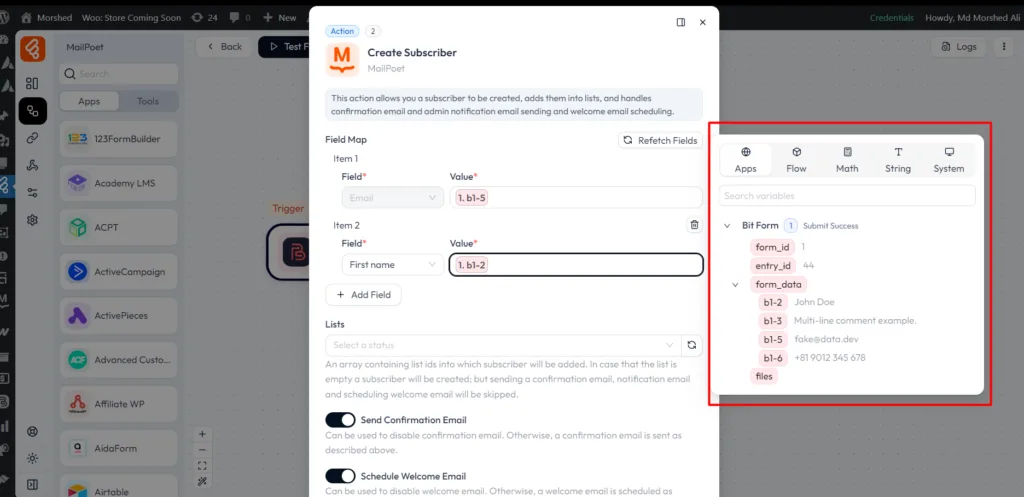 MailPoet integrations as action