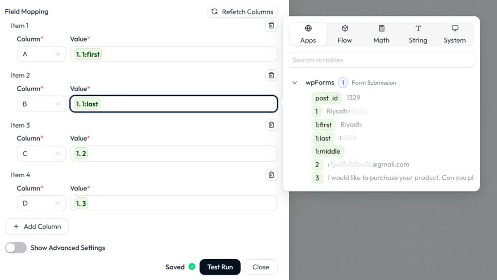 Map WPForms fields with Google Sheets