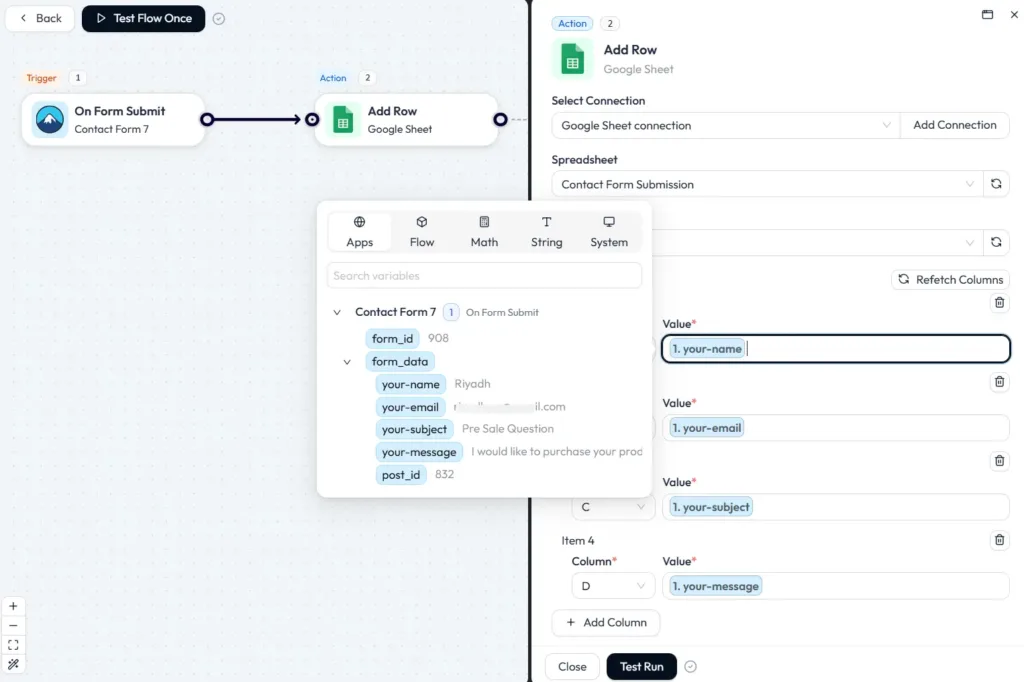 Mappare il campo del modulo di contatto 7 con Google Sheet