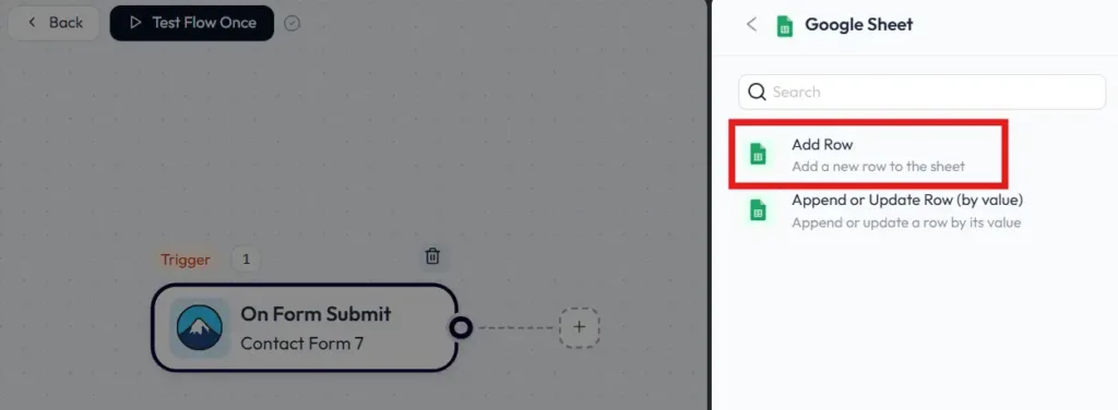 Selezionare l'evento Aggiungi riga del foglio Google per inviare i dati del modulo di contatto 7 al foglio Google.