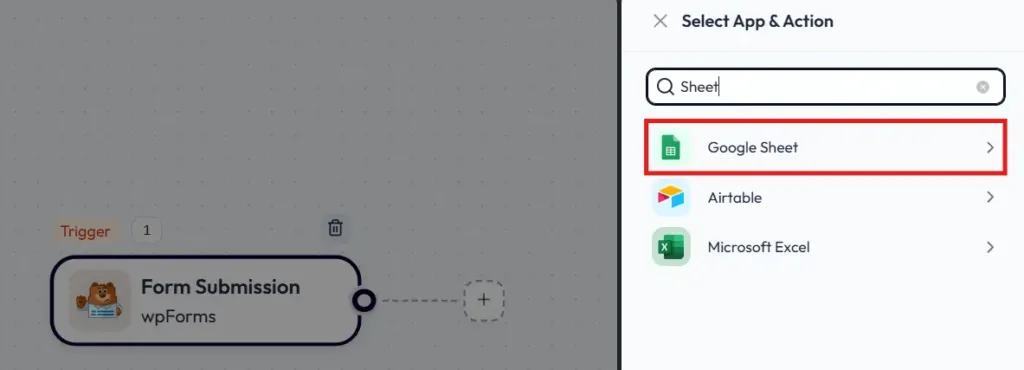 Select Google Sheets as the actions
