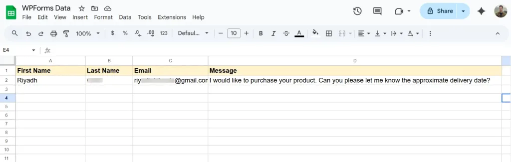 WPForms data sent to Google Sheets