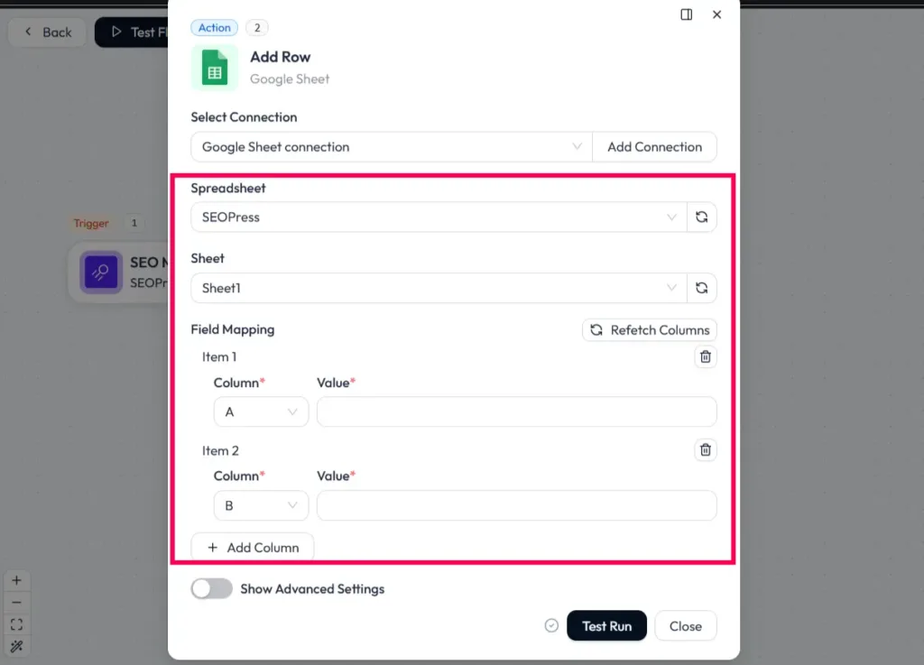 mapping the fields in google sheet action