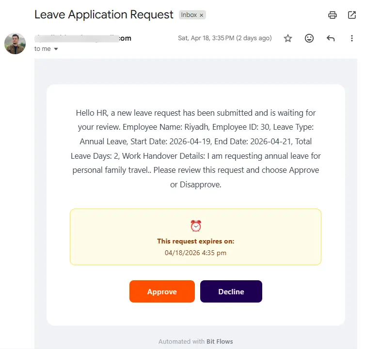 Leave request email to HR by using Bit Flows Human in the loop