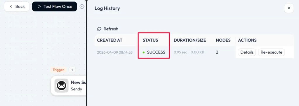 Sendy Integration with Bit Flows integration status success
