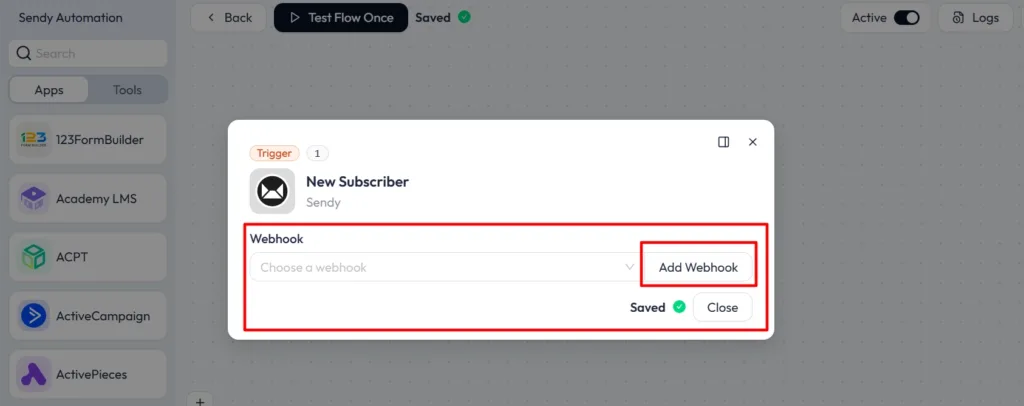 sendy integration with bit flows add webhook