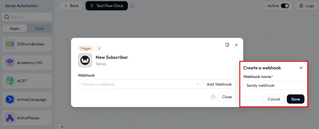 sendy integration with bit flows add webhook name