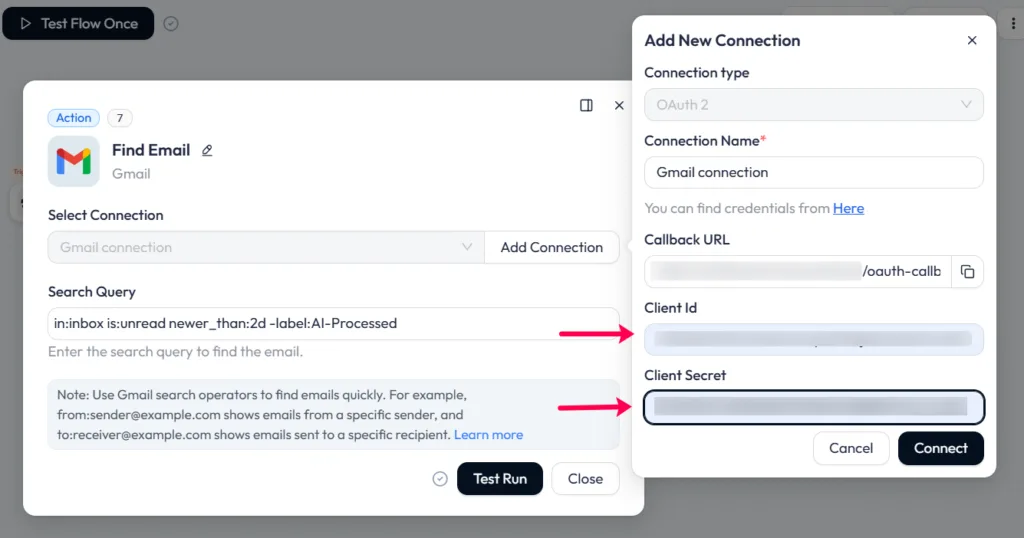 Find Gmail section and Gmail connection