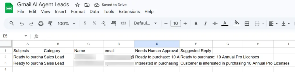Gmail AI Agent Leads log in Google sheet
