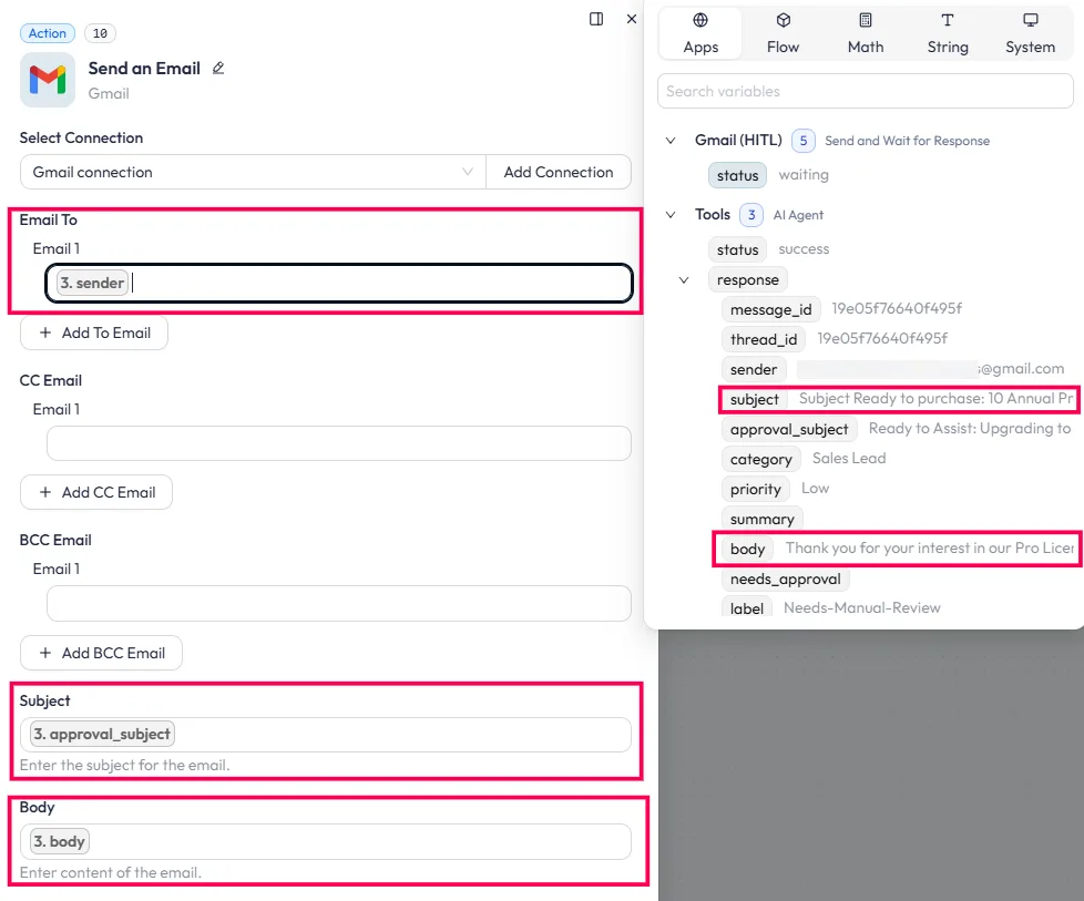 Send a gmail section configuration