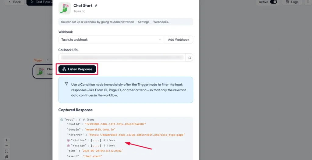 Tawk.to Integration with Bit Flows - Trigger Data Fetched