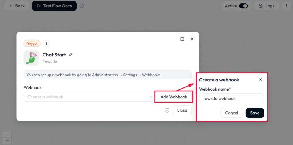 Tawk.to Integration with Bit Flows - add webhook