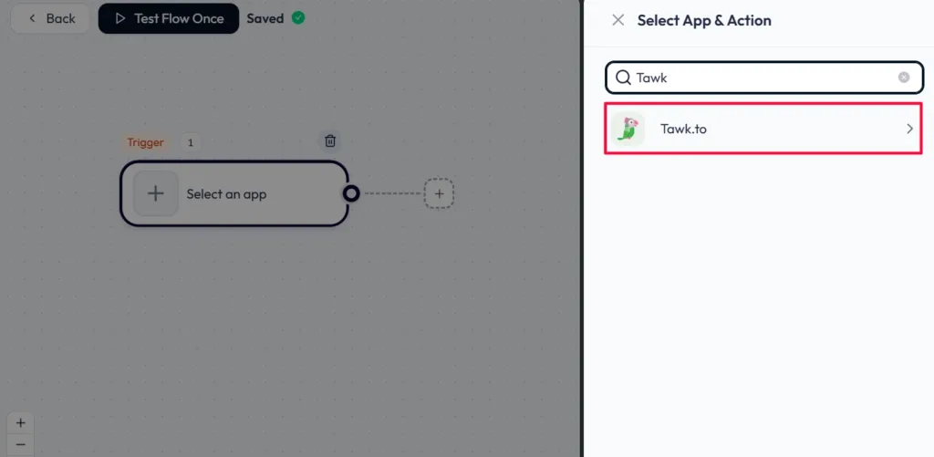 Tawk.to Integration with Bit Flows - select Trigger app