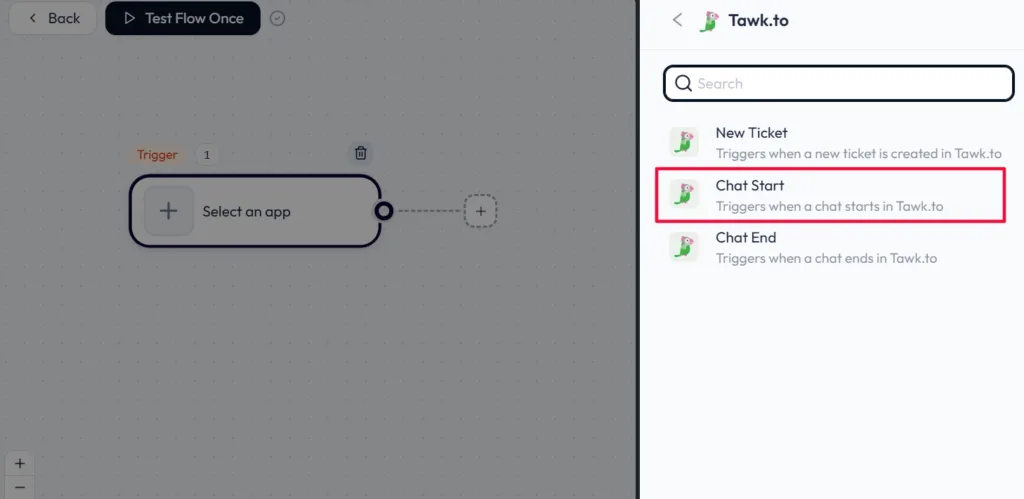 Tawk.to Integration with Bit Flows - select Trigger event