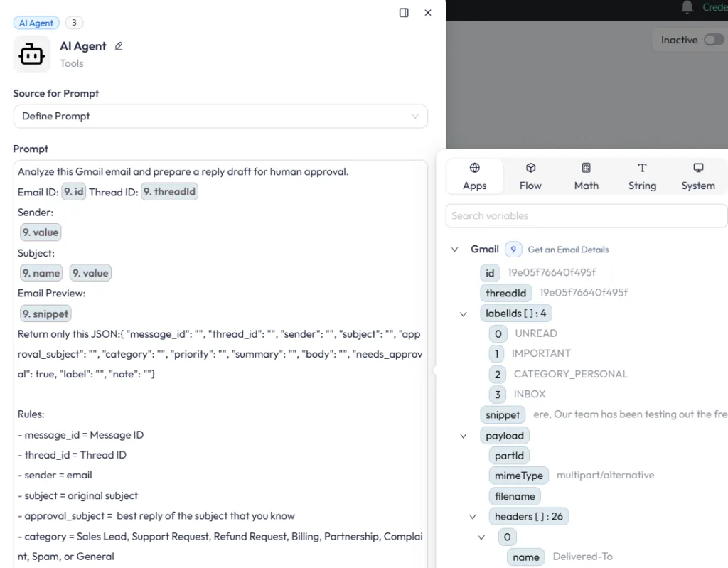 gmail AI agent prompt configuration
