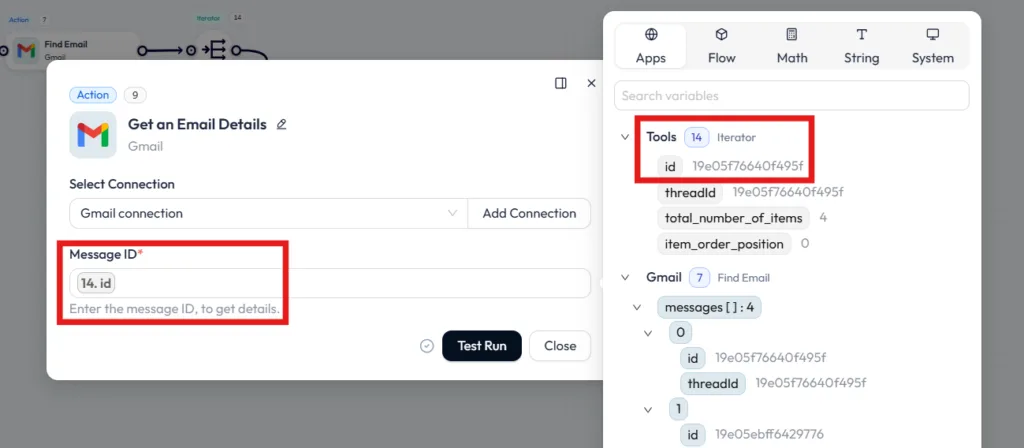 map iterator message field to the get gmail details